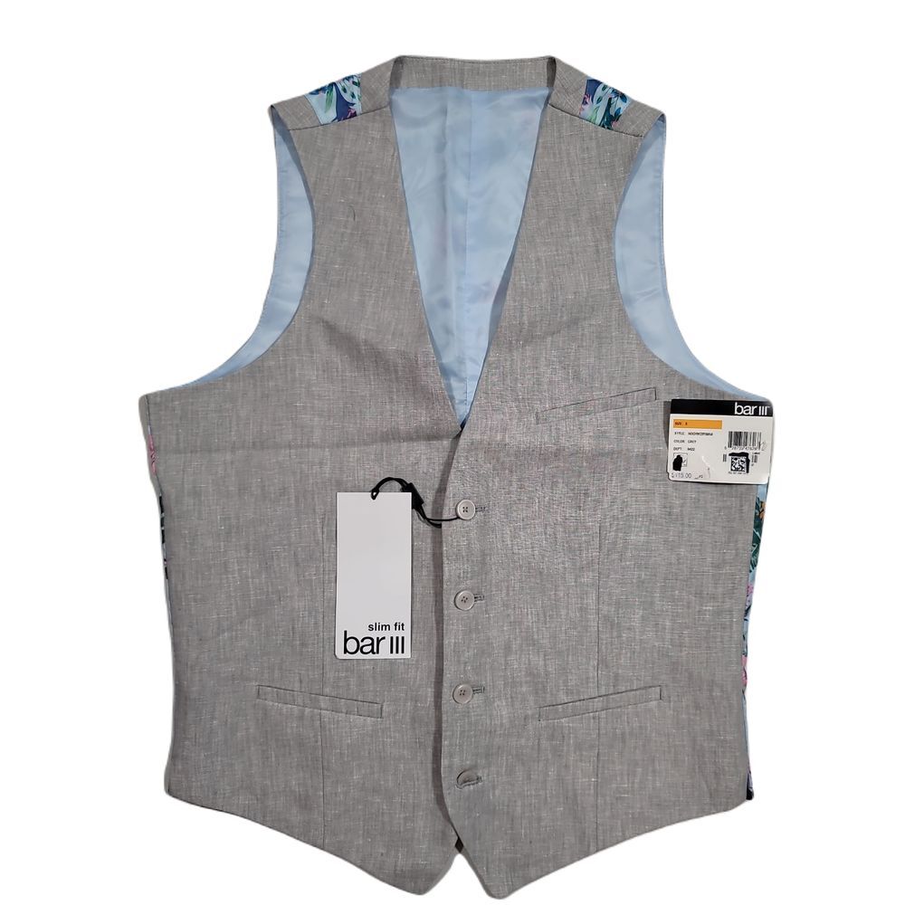 Bar III Slim-Fit Linen Suit Vest Mens‎ Small Grey Textured $115 NEW